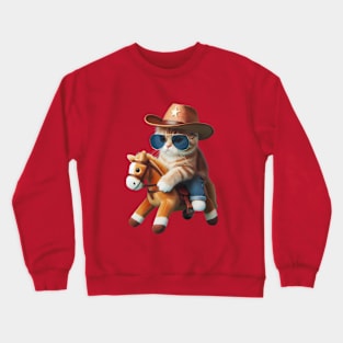 A cat wearing sunglasses and a cowboy hat riding a toy horse Crewneck Sweatshirt